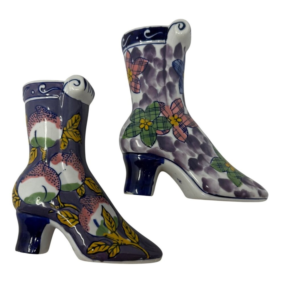 Vtg Wall Pocket Pair‎ 2 Victorian Shoe Boot Wall Planters Blue Floral Porcelain